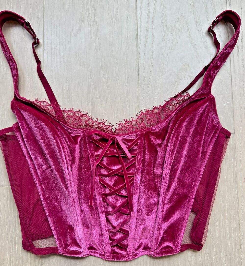Victoria Secret Pink‎ Velvet Corset Top Sheer Mesh Coquette Glam Lingerie M